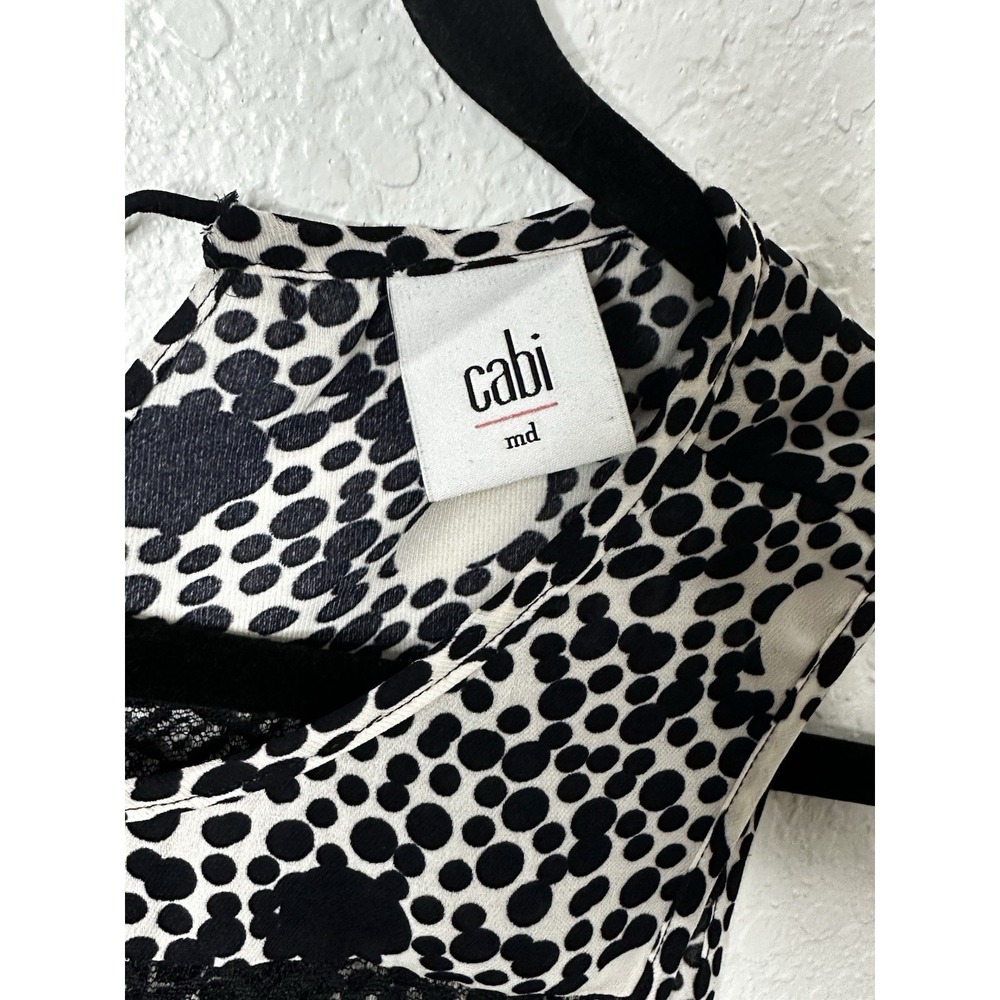 Cabi #3079 Jot Top SMALL Black/Wh Polka Dot Lace Panel Sleeveless Shell Blouse